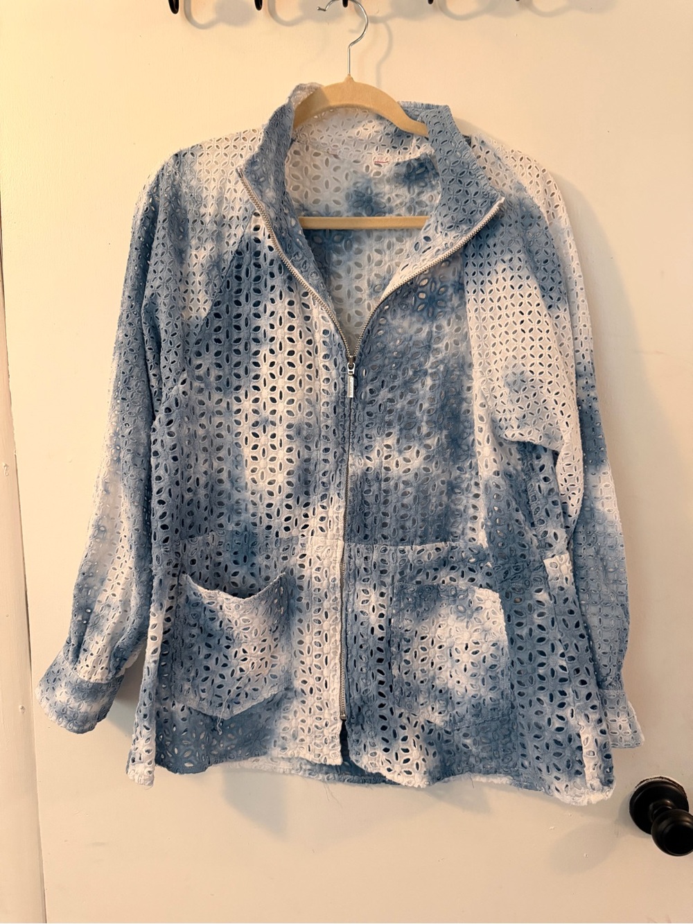 Tie-Dye Light Blue Eyelet Teddy Zip Jacket